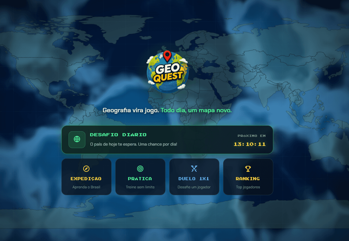 Home do GeoQuest: desafio diário, expedição, prática, duelo 1x1 e ranking